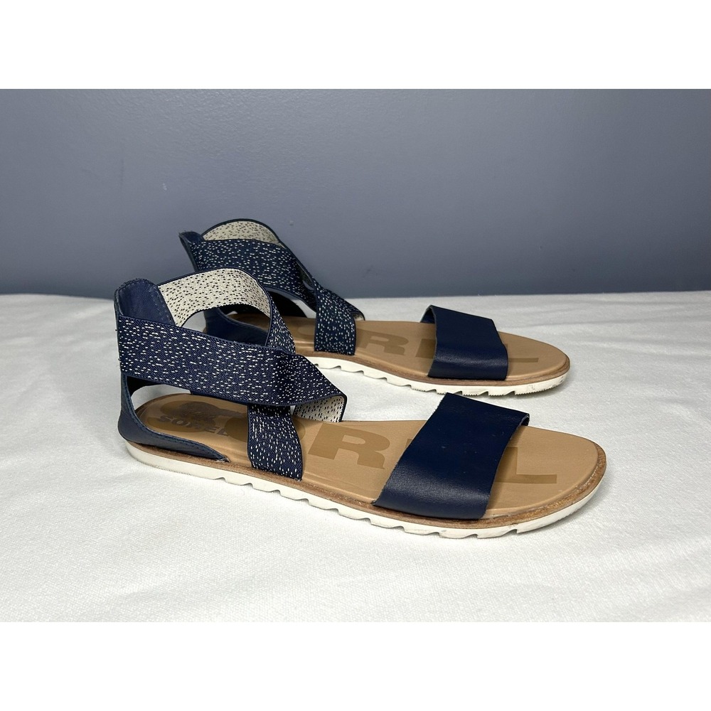 Sorel Ella II Strappy Sandals Womens 8.5 39.5 Navy Blue Ankle Strap Leather Flat